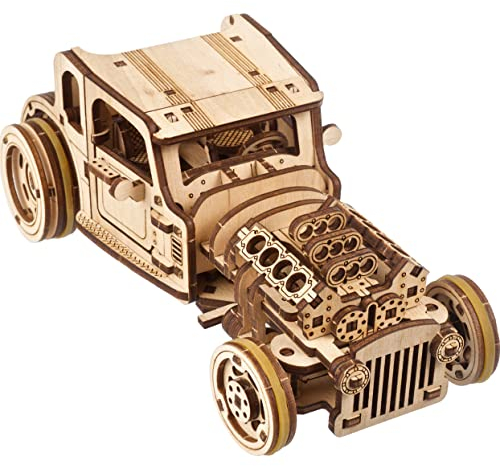 UGEARS Hot Rod Die Wütende Maus – 3D Holzpuzzle Erwachsene Modellbausatz Auto - Modellbau Holzbausatz für Erwachsene - 3D Puzzle Bausatz Auto mit Dual-Engine zum zur Förderung der Kreativität
