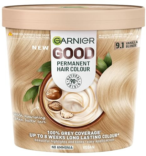 Garnier GOOD Permanent Hair Dye, 9.1 Vanilla Blonde. Delivers 100% grey coverage and 8-week colour. No ammonia, vegan shea butter formula for vibrant, luminous blonde on all hair types.