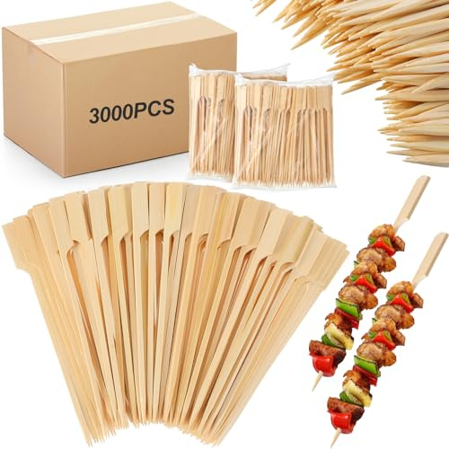 Minatee 3000 Pcs Bamboo Skewers for Appetizers Toothpicks Wide Wooden Skewers Paddle for Kabobs Cocktail Picks Fruit Kababs Bbq Barbecue Sausage Grilling(6 Inches)