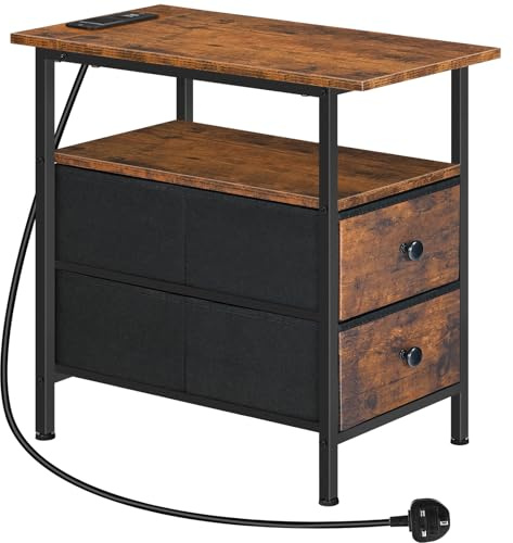 HOOBRO Narrow Bedside Table with Charging Station, with 2 Non-Woven Drawers, Slim Side Table with Power Outlets for Small Spaces, Living Room, Rustic Brown and Black EBF486KBZ01