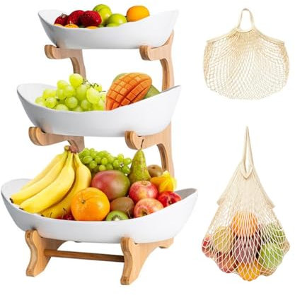 DIBALIYI 3 Tiered Fruit Bowl, Plastic Vegetable Storage with Bamboo Wood, Fruit Basket with Shopping Mesh Bags for Fruit Vegetable Storage, Snack, Party