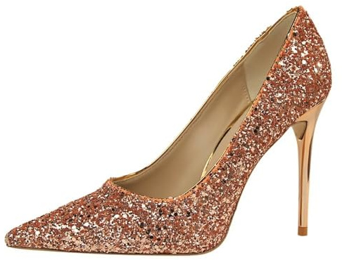Hee grand Womens Pointed Toe Heels Glitter Sequin Stiletto Sparkling Rhinestones Sexy Nightclub Party High Heels Office Work Pumps,Champagne 10