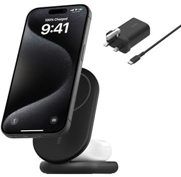 Belkin BoostCharge 2-in-1 Magnetic Foldable Qi2 Charger 15W, MagSafe Compatible Wireless Charger, Fast Charging for iPhone 17, Air, 16, 15, Charging Station with Non-Slip Base, PSU Included - Black