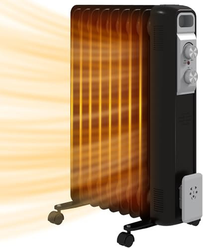 HOMCOM 2000W Quiet Oil Filled Radiator, 9 Fin Energy Efficient Portable Electric Heater with 3 Heat Settings, Adjustable Temperate, Safety Tip Over, Overheat Protection, Wheels, for Home, Black