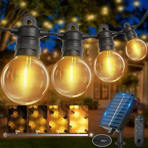 lP68 - Catena di luci solari per esterni, 10 m, 18 lampadine + 2 pezzi di ricambio, G40, in plastica ABS, per esterni, impermeabile, luce solare per esterni, luce bianca calda, per romantiche