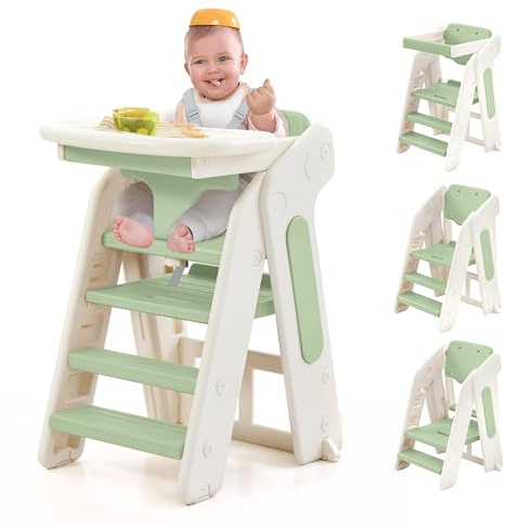 4-in-1 Convertible Toddler Step Stool, Adjustable Height Toddler Tower, Foldable Standing Tower with Safety Fence & Removable Dining Tray, Kids Step Stool for Kitchen Counter Bathroom Sink (Green)