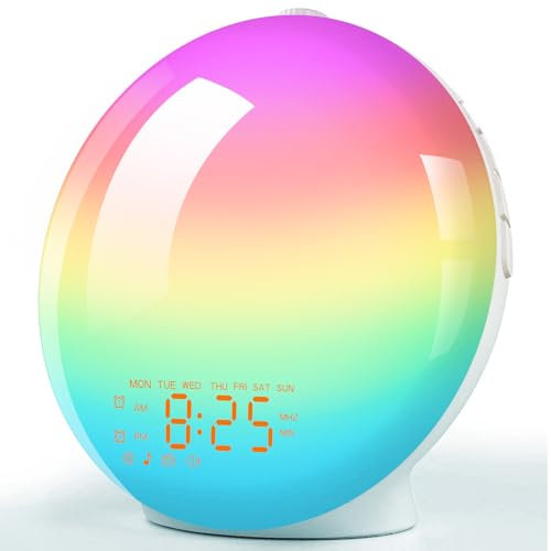 Sunrise Alarm Clock Wake Up Light,Bedside Night Lamp with Sunrise/Sunset Simulation 14 Colors Atmosphere Lamp, Dual Alarms and Snooze Function,Light Alarm with 8 Natural Sounds FM Radio (Yellow)
