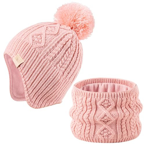 Baby Beanie Hat, vintervarm stickad mössa och halsduk med pom pom för flickor, vintermössa för småbarn (0-36 månader)