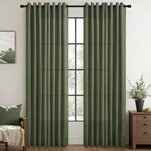 Topfinel Tenda Per Interni Camera da Letto Salotto Moderne Verde Oliva Scuro Lino e Cotone Naturale con Anelli Oscuranti Tende Porta Finestra Cameretta Bambina Tendine per Finestre 140x235cm, 2pz