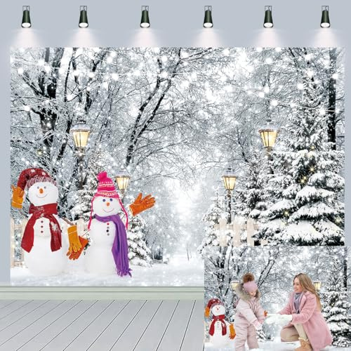 Toile de fond hivernale forêt enneigée paysage paysage naturel bonhomme de neige pin arbre photographie fond Noël Nouvel An décorations de fête bannière fond (213,4 x 152,4 cm)