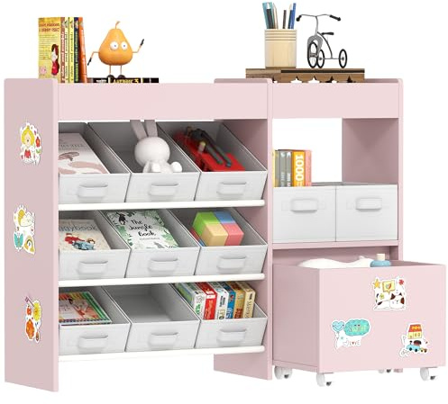 AIYAPLAY Kids Toy Storage Unit, Children Toy Box Organiser with 11 Fabric Bins, Cabinet, Top Shelves, 3 Stickers, Kids Storage Unit Bookshelf for Nursery, Playroom, Kindergarten, Pink
