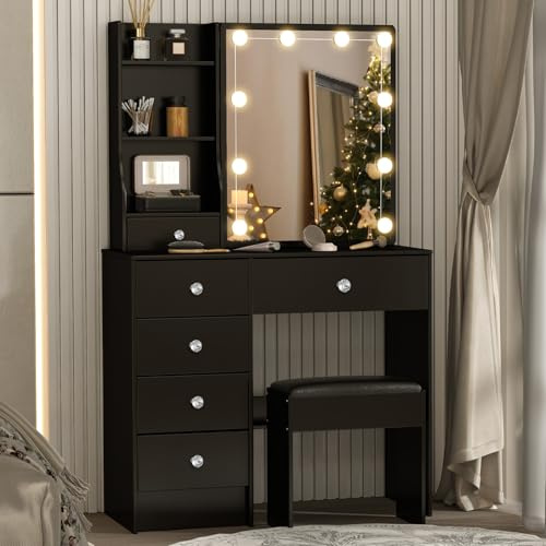 Saimeihome Sminkbord med belysning och pall – 3 ljusfärger, svart sminkbord med 6 lådor, 6 förvaringsfack, toalettbord för sovrum 80 x 36 x 130 cm