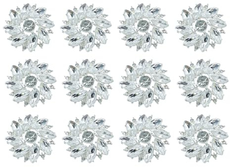Cuixia 12Pcs Rhinestone Buttons, 26mm Silver Buttons, Flatback Flower Crystal Button Exquisite Crystal Flower Buttons for DIY Clothes Bags Wedding Bridal Bouquet Decoration