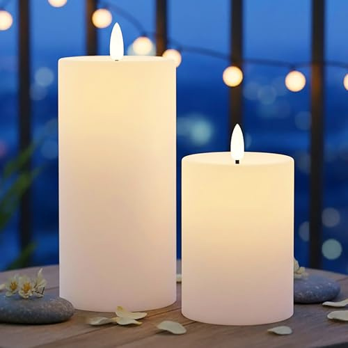 Set di 2 candele solari a pilastro con effetto fiamma – 10 + 15 cm – Candela LED artificiale a energia solare bianco caldo per esterni – Decorazione da giardino, illuminazione da tavolo, candela da