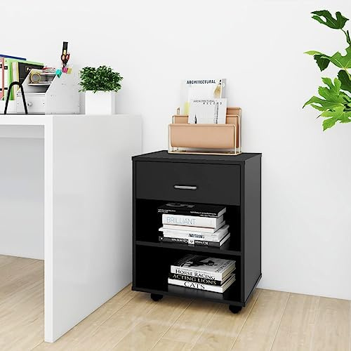 LoogCape Rullskåp, svart av trämaterial, 46 x 36 x 59 cm, rullcontainer med 4 hjul, 2 låsbara, aktskåp, förvaringsskåp, förvaringsutrymme för kontor, sovrum, hall