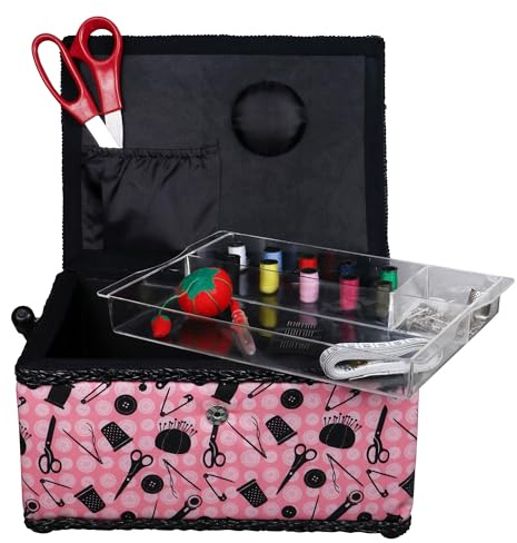 SINGER 07276 Sewing Basket with Sewing Kit Accessories, Pink & Black,