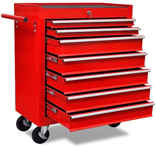 vidaXL Steel Workshop Tool Trolley - Red, Organise Tools, 7 Sliding Drawers, Robust Countertop, Mobile with Brakes