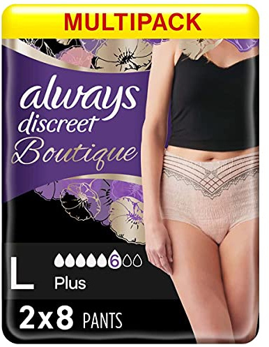 Always Discreet Boutique Inkontinensbyxor kvinnor, stor, UK klänning storlek 16-22, beige, absorptionsförmåga 6, 16 underkläder/trosor, tungblåsa läckageskydd/moderskap efter födseln,