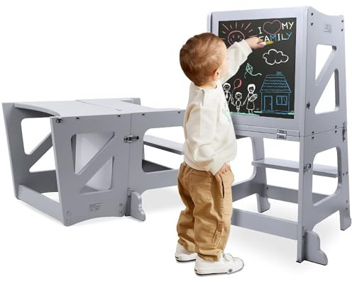 YOLEO Tour d'apprentissage 3 en 1, Pliable, Tour d'observation pour Enfants Montessori Learning Bois Naturel Kitchen Helper avec Tableau Noir et Blanc,Table et Chaise pour Enfant (Gris)