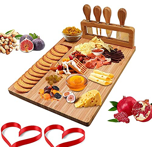 BYMYHO Tagliere per Formaggi con Coltelli Set Cena Piatto da Portata Taglieri Salumi Vassoi Alimenti Feste Tavola Regalo per Inaugurazione Della Casa Natale Compleanni anniversari (bambù)