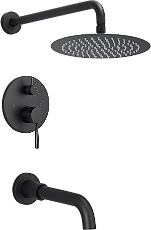Shower System Faucet Set 10-Inch Round Luxury Rain Shower Head with Bathtub Tub Filler Spout Mixer Faucet Wall Mount,Bathroom Rainfall Fixed Showerhead Shower Rough-in Valve and Trim Kit,Matte Black