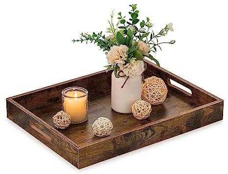 Hanobe Rectangular Decorative Wooden Tray: Rustic Brown Rectangle Trays Decor with Cutout Handles for Coffee Table Ottoman Living Room Kitchen Home Decor