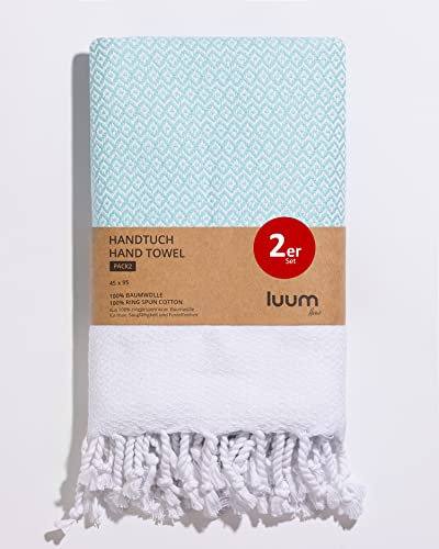 Luum® Set of 2 Hammam Hand Towels Set, Sports Towel Set, Turkish Towel Set, Hair Towel Set, 100% Ring-Spun Cotton, Quick-Drying, Lint-Free, Mint, 45 x 95 cm, Gift Set