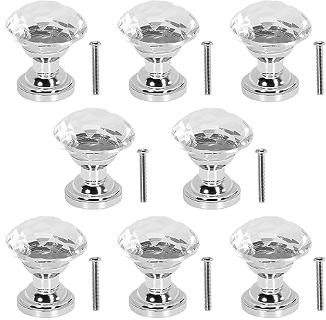 Brelet Lot de 8 boutons pour meubles en verre cristal, 20 mm, boutons de tiroir. Boutons de tiroir en verre cristal pour placard, tiroir, porte armoire. Accessoires meubles argentés (transparent)
