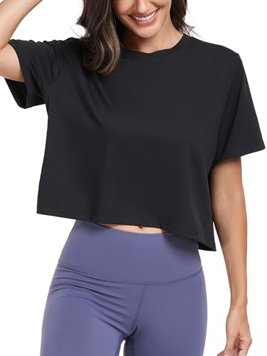 KevaMolly Black Workout Crop Tops for Women Loose Fit UPF50+ Breathable Yoga T Shirts Running Athletic Cropped Workout Tops M