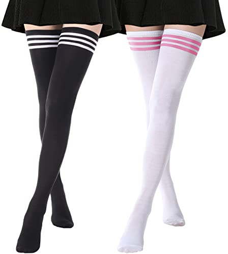 DRESHOW 2 Pairs Extra Long Thigh High Socks Long Boot Stockings Striped Over Knee Socks for Women Cotton Leg Warmers