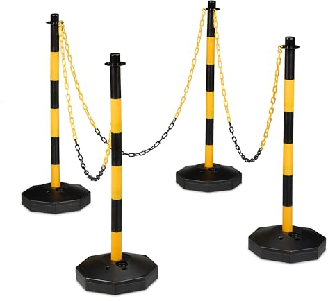 Relaxdays 4 Postes de Barrera con Cadena Móvil, 85 x 29 cm, Bolardo, Bloqueo Paso, Obras, Parking, Amarillo/Negro