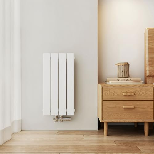 EMKE Radiador Compacto 600x300 mm, Vertical, Estrecho y Alto para Baño, Mural con Panel Plano, Conexión Central, Diseño Elegante, 233 Vatios, Blanco