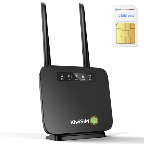 KiwiSIM 4G LTE WiFi Router with 5GB Data Card, Portable Modem WiFi Router, 300Mbps WiFi, Supports Verizon, AT&T and T-Mobile, 3000mAh Battery, WiFi Mobile Hotspot Router for Home/Office/RV/Camping