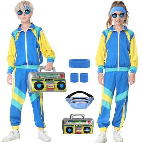 Hislovy Disfraz años 80 90 para Niñas Niños Disfraces Traje de Chándal de los 80 Traje de Aeróbic Conjuntos Deportivos Carnaval Fiesta Halloween, Azul, 6 años