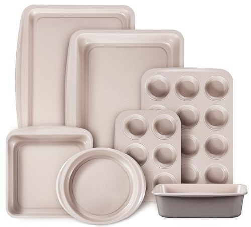 CAROTE Set di 9 teglie da forno antiaderenti impilabili, tra cui fogli per biscotti, teglia per muffin, teglia per pane, teglia, teglia per pagnotta, teglia per arrosti, grigio e cachi
