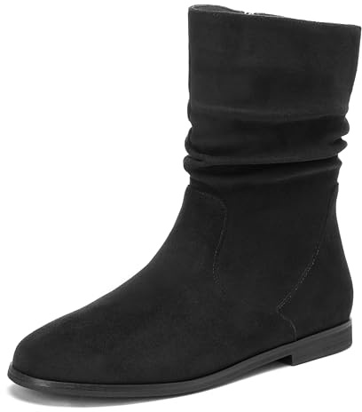 Pixoecuty Black Slouch Ankle Boots For Women Booties For Women Low Heel Flats Mid Calf Zipper ASIAN Size 37