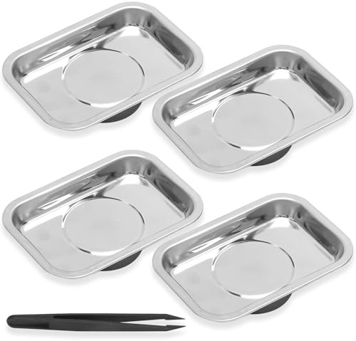 UOCAI Juego de 4 Magnetschale Taller – Bandejas Magnética Acero Inoxidable para Tornillos, brocas y Clavos, Soporte Magnético Herramientas, Porta Bits Magnético para Estantería de Garaje