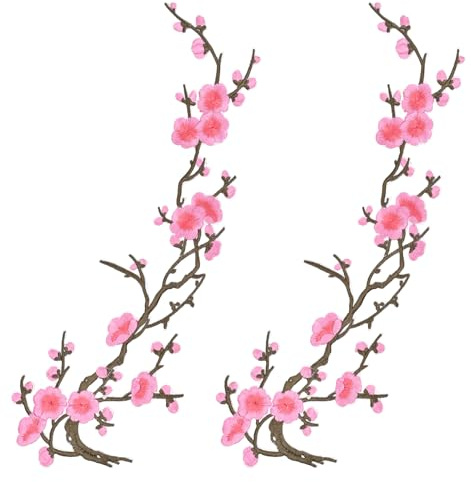 REEKNOKOL 2Pcs Iron on Patches, Plum Flower Iron on Patches for Clothing Blossom Embroidery Iron on Applique Sew on Fabric Applique for Clothes Jeans Hats Bags DIY Crafts (Pink)