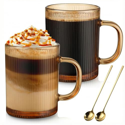 Kaffemuggar i glas, set med 2, 350 ml klassiska randiga latteglas med handtag, borsilikattemperaturbeständigt glas kaffekopp för cappuccino, macchiato, te, mjölk, juice, kalla och varma drycker – guld