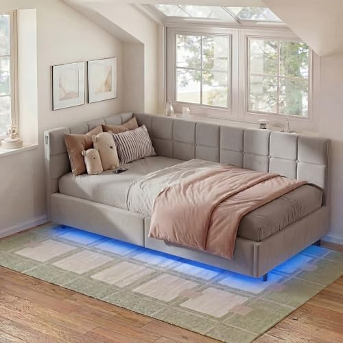 Sängklädsel, bäddsoffa, 90 x 200, enkelsäng, dagsäng med hydrauliskt förvaringsutrymme, funktionell säng, soffa med LED-belysning och USB-laddningsstation, dagsäng, gästsäng, sängram med ribbotten