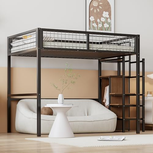 Mezzanine-säng, 2-sits, 140 x 200, svart, sängram med skåp och hyllor, 3-stegsstege, fullt räcke, ribbotten 20 lameller, belastning 150 kg, för studio