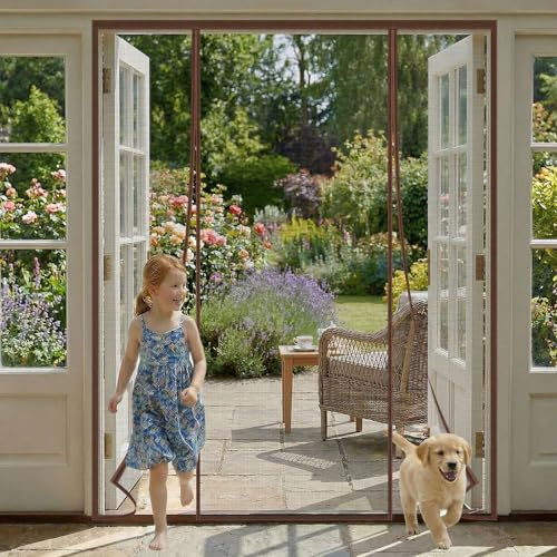 Mosquitera Puerta Magnetica de Doble Apertura Lateral, 175x210cm con cierre automático por imanes fuertes, para Puerta Exterior, de Balcón/Patio, Marrón