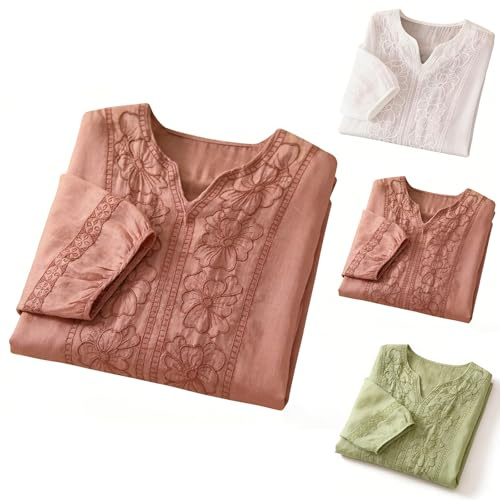 Camisa Boho Mujer de Lino y Algodón con Bordado Étnico, Blusa Holgada Manga 3/4 para Verano, Top Casual Cuello en V,Blusas De Vestir De Mujer Color Sólido Elegante Vintage Camiseta Basicas