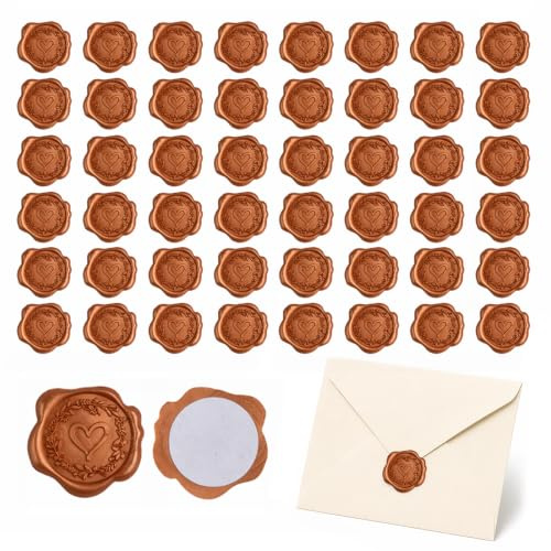 Shengxi 50 Piezas Pegatinas Sello de Cera, Sello Lacre Adhesivo de Corazón Vintage, Dorada Pegatinas de Sello de Cera Personalizadas Para Bodas Invitación Letras Regalos