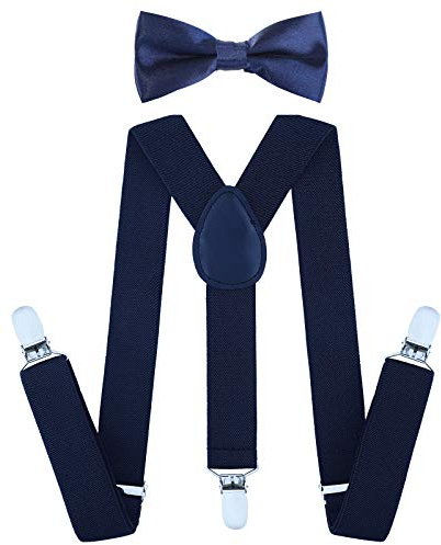 AWAYTR Child Kids Suspenders Bowtie Set - Adjustable Suspender Set for Boys and Girls (25Inches (3 Years to 6 Years),Navy blue)