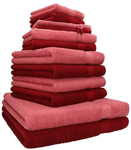 Betz 12-TLG. Handtuch Set Premium 100% Baumwolle 2 Duschtücher 4 Handtücher 2 Gästetücher 2 Seiftücher 2 Waschhandschuhe Farbe rubinrot/Himbeere
