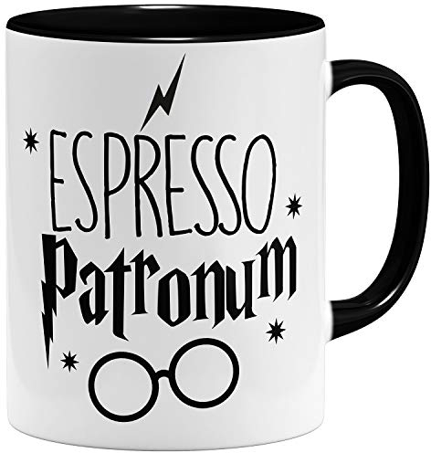 OM3® Espresso Patronum Kaffee-Tasse mit Zauberspruch Coffee - Keramik Becher - 11oz 325ml - Beidseitig Bedruckt - Schwarz