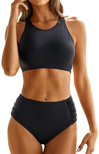 Holipick Sloid Black Women High Waisted Two Piece Bikini Set Racerback Bathing Suit Sporty Crop Top with Bottom for Teen Girls M