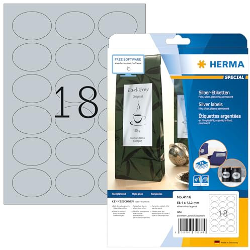 HERMA 4116 Wetterfeste Folienetiketten oval silber, 800 Blatt, 58,4 x 42,3 mm, 18 pro A4 Bogen, 14400 Stück, selbstklebend, bedruckbar, glänzend, blanko Klebeetiketten Aufkleber aus Folie