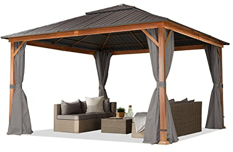 TOOLPORT Gartenpavillon 4x4 m Holzoptik, Stahldach Hardtop 4 Seitenteile in grau